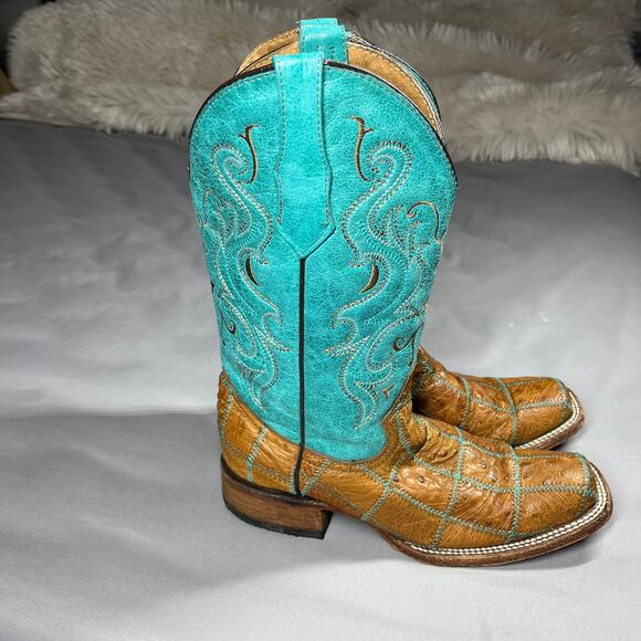 Vtg Circle G Boots Womens Sz 8.5M Western Square Toe Turquoise & Brown Cowgirl - Picture 2 of 16
